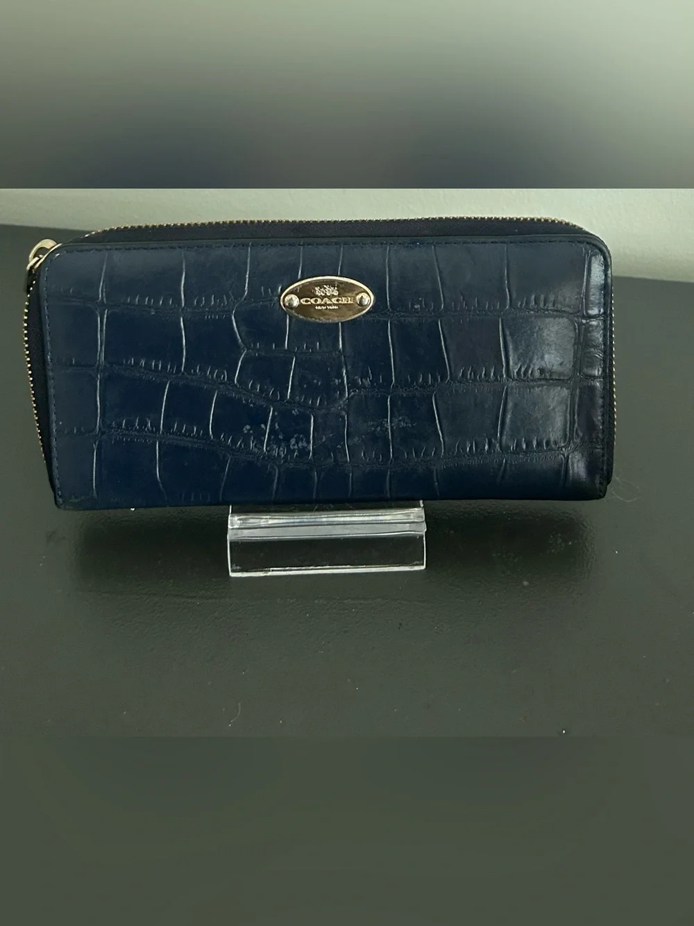 Coach Navy Croc Embossed Leather Zip Around Continental Wallet
